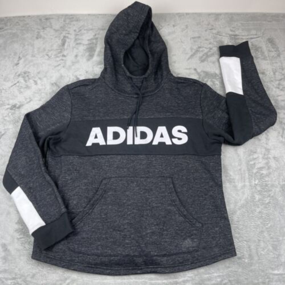 Adidas Cropped Melange Gray Black White Pullover Hoodie Sweatshirt Womens L EUC